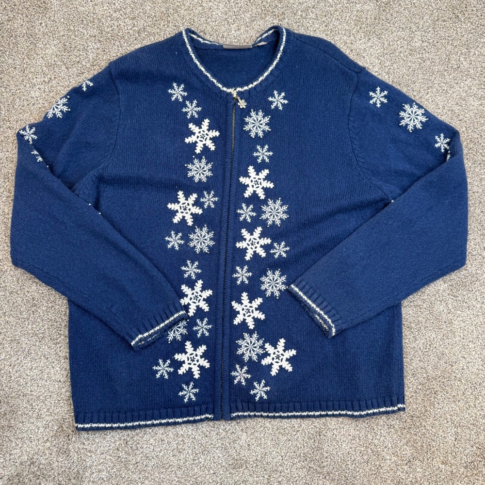 Croft & Barrow Navy Blue Snowflake Beaded Zip Front Cardigan Silk Blend XL